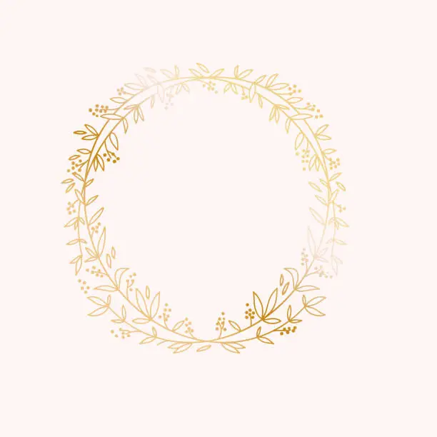 Vector illustration of Wreath border frame. Wedding marriage event invitation card template. Luxury bright shiny gold gradient. Text placeholder. Gold floral round frame.