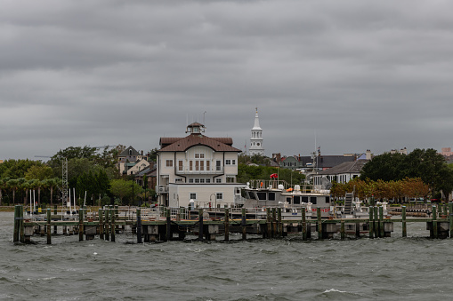 Charleston, South Carolina / USA - October 5th 2019: Scenic Charleston waterfront vista on a heavily overcast rainy day