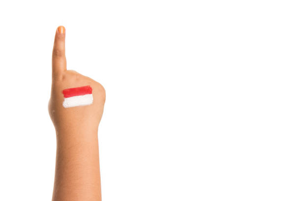 as meninas só apontam um dedo para cima "número 1" com a bandeira indonésia pintada em sua mão. imagem indonésia do conceito do dia da independência do evento do feriado com espaço da cópia para o texto. - child flag patriotism thumbs up - fotografias e filmes do acervo