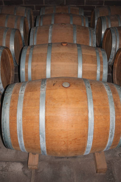 istock Wooden barrels for wine storage in a cellar 1193816012