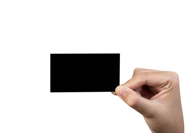 hands holding empty black card isolated on white background