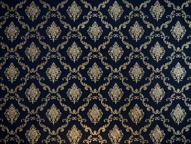 Photo of golden line thai pattern on navy blue fabric for background