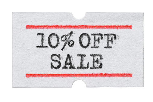 10 % OFF Sale printed with typewriter font on price tag sticker isolated on white background