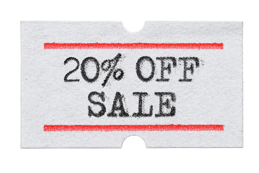 20 % OFF Sale printed with typewriter font on price tag sticker isolated on white background