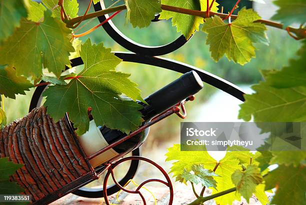 Wine Bottle Between Vine Leaves Stock Photo - Download Image Now - Agriculture, Alcohol - Drink, Basket