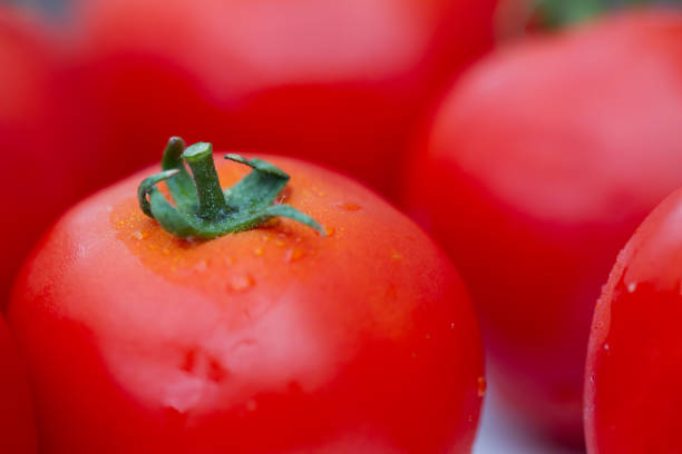 details einer roten tomate mit grünem stipe und anderen verschwommenen tomaten im hintergrund - caulis stock-fotos und bilder