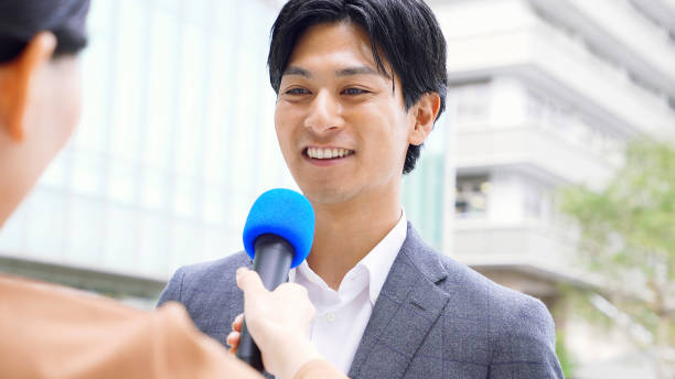 Interview on the street concept. Vox populi. Curbside interview.