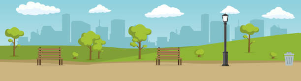 letni park miejski. letni krajobraz górski leśny droga błękitne niebo. - new york city stock illustrations