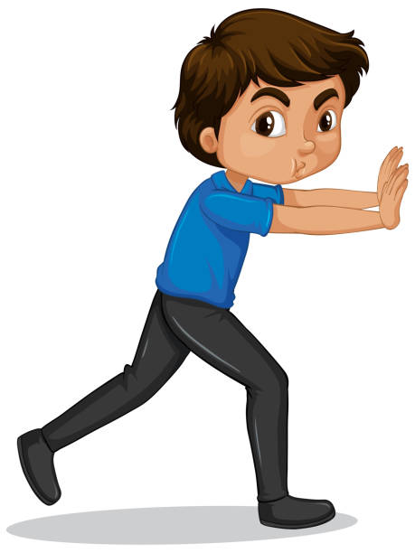 ilustrações de stock, clip art, desenhos animados e ícones de boy in blue shirt pushing wall on white background - boyhood