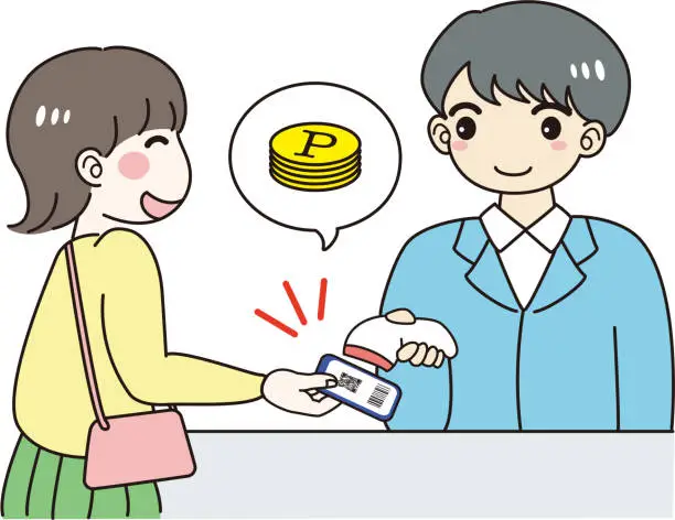 Vector illustration of A woman who is delighted to earn points for cashless payment on smartphones