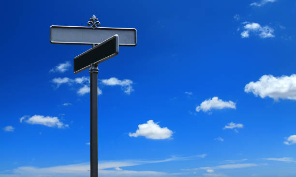 close up two blank street name signs placard over clear blue sky
