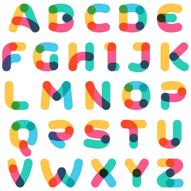Overlapping one line alphabet. Curve rounded font. Vibrant glossy colors. rainbow light effect transparent stock illustrations