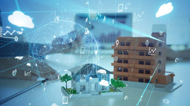 istock Residential buildings and communication network. Home automation. Home security system. 1193851636