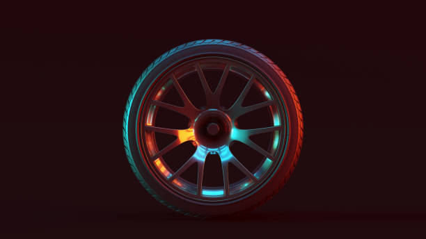 istock Silver Alloy Rim Wheel Retro Wheel with a Complex 14 Spoke Offset Open Wheel Design with Racing Tyre with Red Blue Moody 80s lighting 1193862840