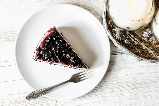 Delicious blueberry cheesecake. Homemade pastries.