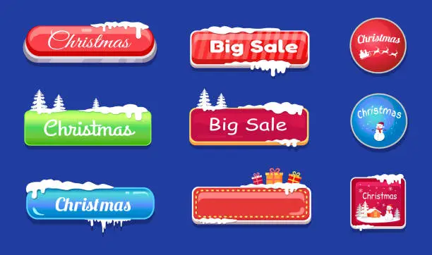 Vector illustration of Set of Winter Theme Web Push Button Covered Snow