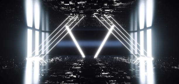 istock Triangle Shaped Laser Neon Shaped Lines Glowing On Schematic Motherboard Chip Texture Alien Spaceship Cyber Virtual Reality 3D Rendering 1193863844