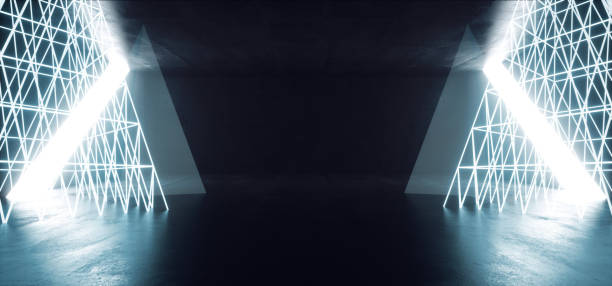 istock Sci Fi Alien Pyramids Neon Glowing Wire Mesh Blue Ice White Beams Laser Cyber Virtual Reality Empty Space Spaceship 3D Rendering 1193863874