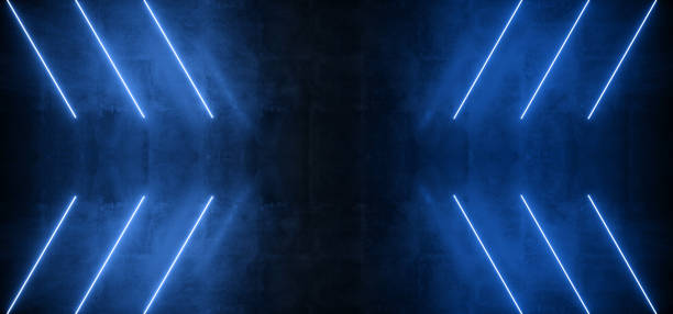 istock Dark Neon Laser Lines Glowing Blue Vibrant Night Studio Showcase Garage Empty Wall Concrete Grunge Space Ship Tunnel 3D Rendering 1193863992