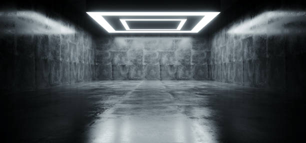 istock Empty Grunge Concrete Modern Room Ceiling White Led Lights Rectangle Shape Hall Garage Underground Industrial Background 3D Rendering 1193864134