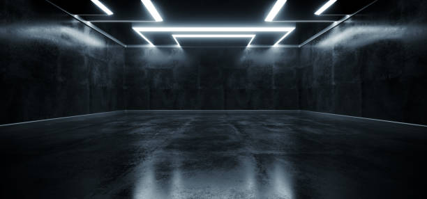 istock Empty Grunge Concrete Modern Room Ceiling White Led Lights Rectangle Shape Hall Garage Underground Industrial Background 3D Rendering 1193864222