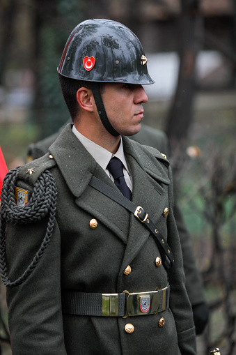 Bucharest, Romania - December 01, 2019: Turkish soldier in dress uniform takes part at the Romanian National Day military parade.