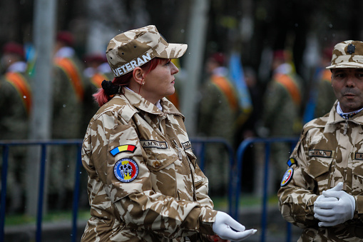 Bucharest, Romania - December 01, 2019: Romanian female army veterans at the Romanian National Day military parade.
