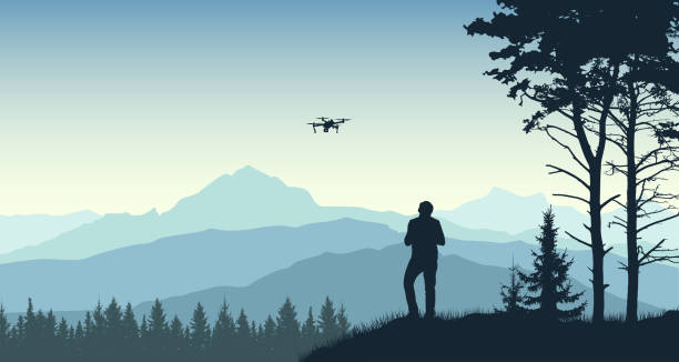 człowiek wystrzeliwuje drona. kamerzysta ma krajobraz i przyrodę. las, drzewa, góry. ilustracja wektorowa sylwetka - landscape fir tree nature sunrise stock illustrations