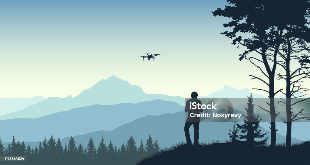 Man launches a drone. Videographer takes a landscape and nature. Forest, trees, mountains. Silhouette vector illustration Drone stock vector