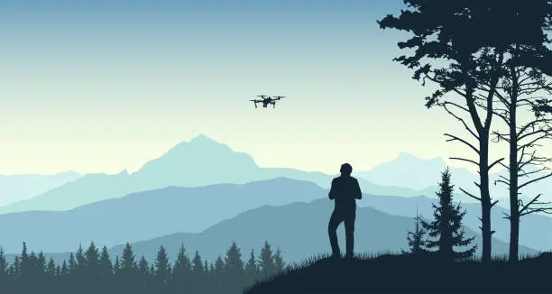 Vector illustration of Man launches a drone. Videographer takes a landscape and nature. Forest, trees, mountains. Silhouette vector illustration