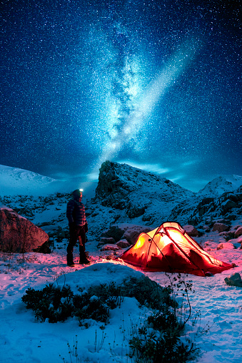 A man is camping at night with milky way