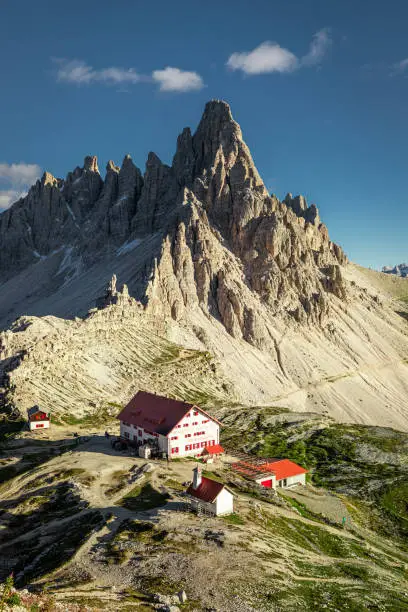 Chiesetta Alpina and mountain shelter Dreizinnen hut, Dolomites