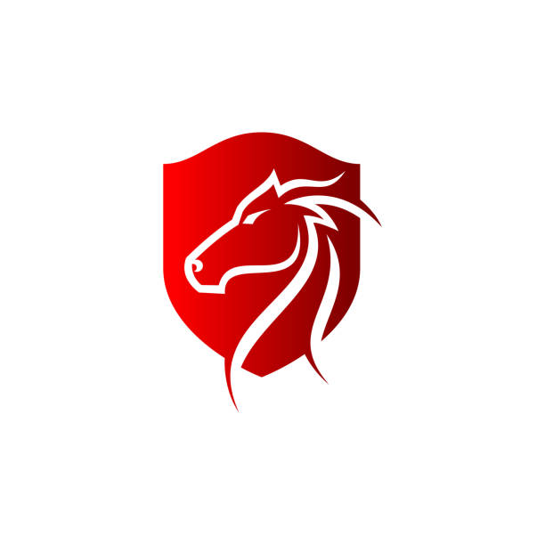 ilustrações, clipart, desenhos animados e ícones de cabeça do cavalo no projeto vermelho do logotipo do protetor, ilustração do vetor isolada no fundo branco - steeplechasing