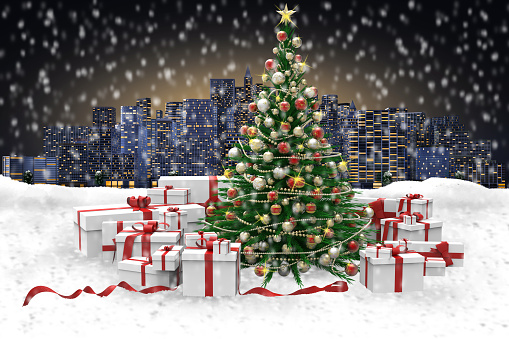 3D illustration. Decorated Christmas tree and gifts during a snowfall, against the backdrop of the city skyline.