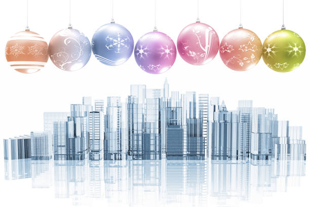3D illustration. Christmas decoration with on the city skyline background with palaces and skyscrapers.