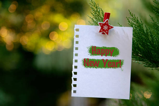 Happy new year  message hanging on pine tree branch