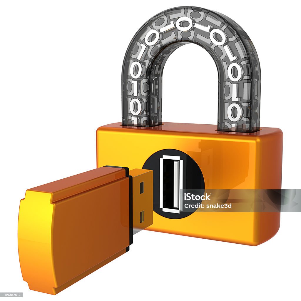 Data security. Usb Digital lock (Hi-Res) Shiny orange digital padlock with binary code in transparent arch. Usb plug as keyhole. Flash drive as key. Computer security concept. This is a detailed 3D render. Isolated on white background. Binary Code Stock Photo
