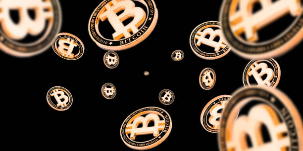 Bitcoin business. Gold Falling coins on black. Litecoin, Ethereum Cryptocurrency background.