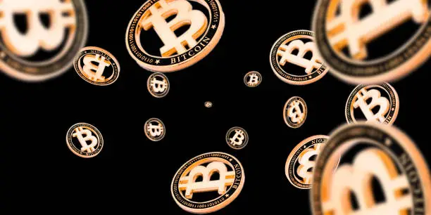 Bitcoin Cash. Gold Falling Cryptocurrency. Falling coins isolated on black. Litecoin, Ethereum Cryptocurrency background. Bitcoin concept