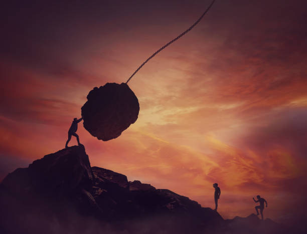 istock Sneaky man, create a trap obstacle for his opponents, pushing wrecking boulder ball to eliminate competitors. Business war, market monopoly concept, rivalry liquidation. Unfair political clash. 1193877011