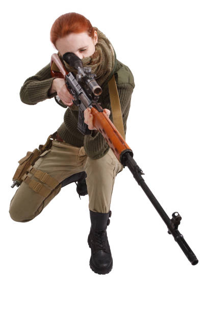 istock woman sniper with SVD sniper rifle 1193879679