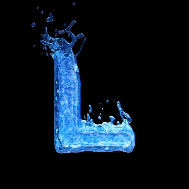 uppercase letter l made by water with drops and splashes isolated on black background - letter l water typescript liquid imagens e fotografias de stock