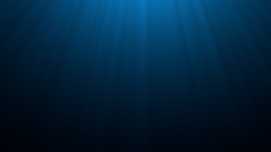 Bajo el mar azul profundo con rayos de luz solar a través del fondo de onda ondulación de la superficie. Escena oscura bajo el rayo solar azul. Abstracto marino y acuático. Ilustración 3D photo