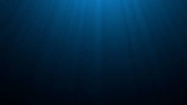 Deep blue undersea with sunlight ray through over surface ripple wave background. Dark scene beneath blue sun beam. Abstract marine and aquatic. 3D illustration