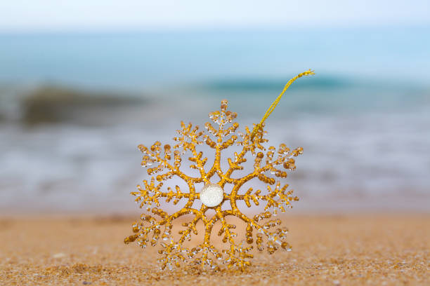 Christmas toy on a sandy beach by the ocean