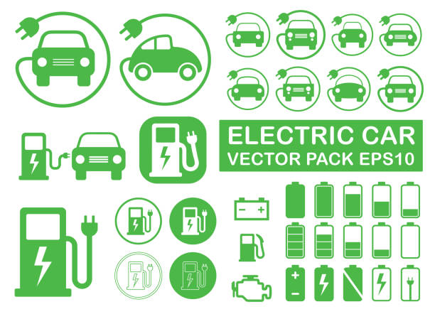 ilustraciones, imágenes clip art, dibujos animados e iconos de stock de conjunto de símbolos de la estación de carga de carreteras para vehículos eléctricos. colección de botones de logotipo sesión de coche eléctrico. carga de energía de tráfico de transporte ecológico. imagen de ilustración vectorial. aislado sobre - estación de carga eléctrica