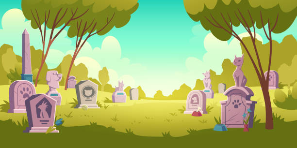 ilustraciones, imágenes clip art, dibujos animados e iconos de stock de paisaje del cementerio de mascotas, lápida con huella - crypt