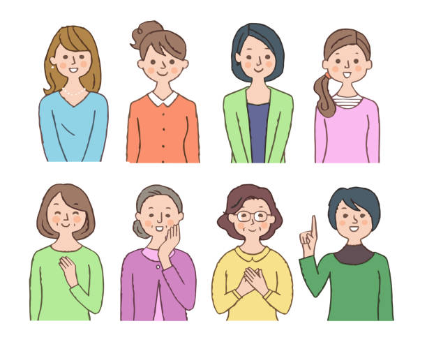 8 women of different ages person, upper body,female relieved face stock illustrations