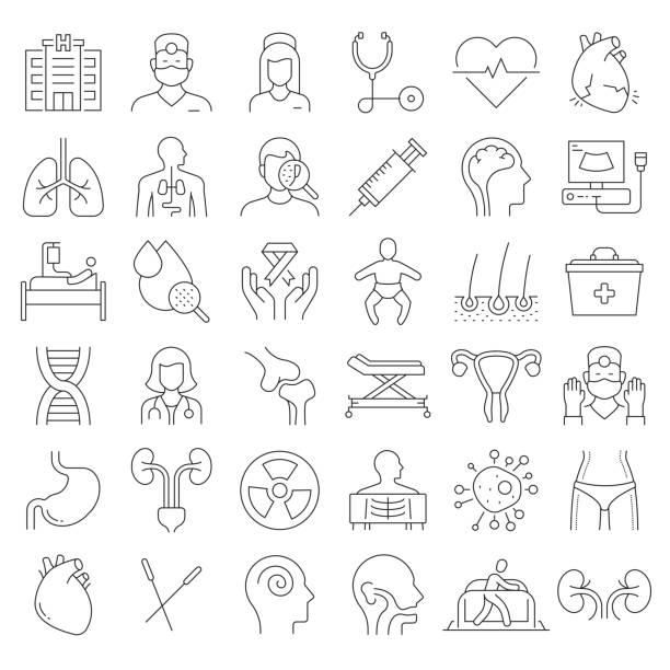 ilustrações de stock, clip art, desenhos animados e ícones de simple set of medical and health related vector line icons. outline symbol collection. editable stroke. - cirurgia