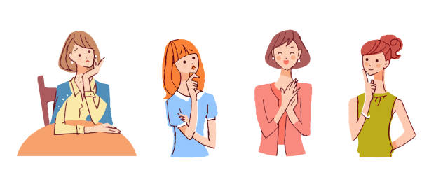 다양한 표정을 가진 4명의 여성 - hand on chin illustrations stock illustrations